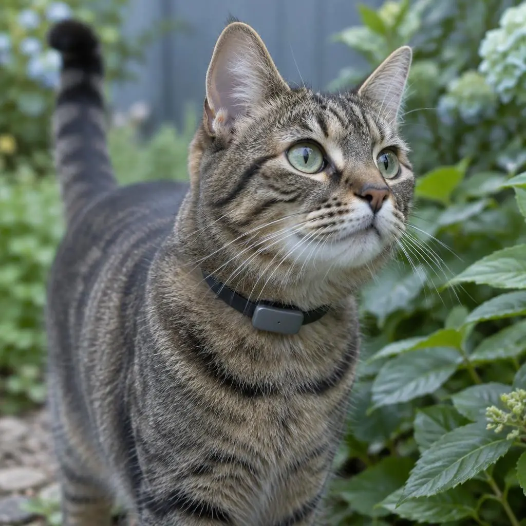 Gato con un pequeño rastreador en el collar