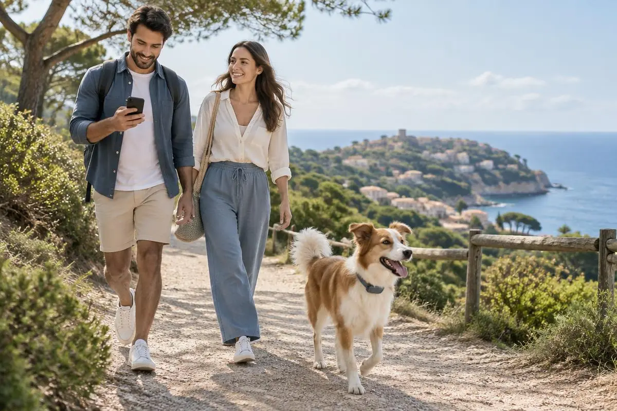Pareja paseando tranquila con su perro mientras consulta el móvil
