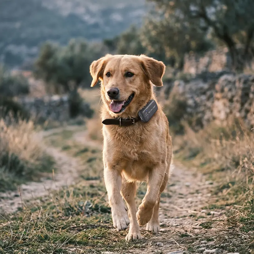 Perro paseando por el campo con el rastreador GPS en el collar