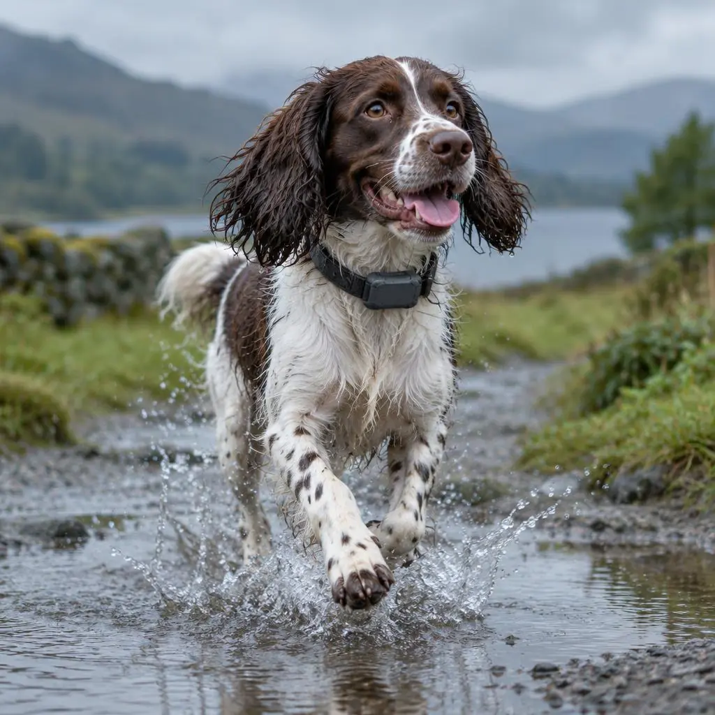 Perro corriendo bajo la lluvia con el rastreador en el collar